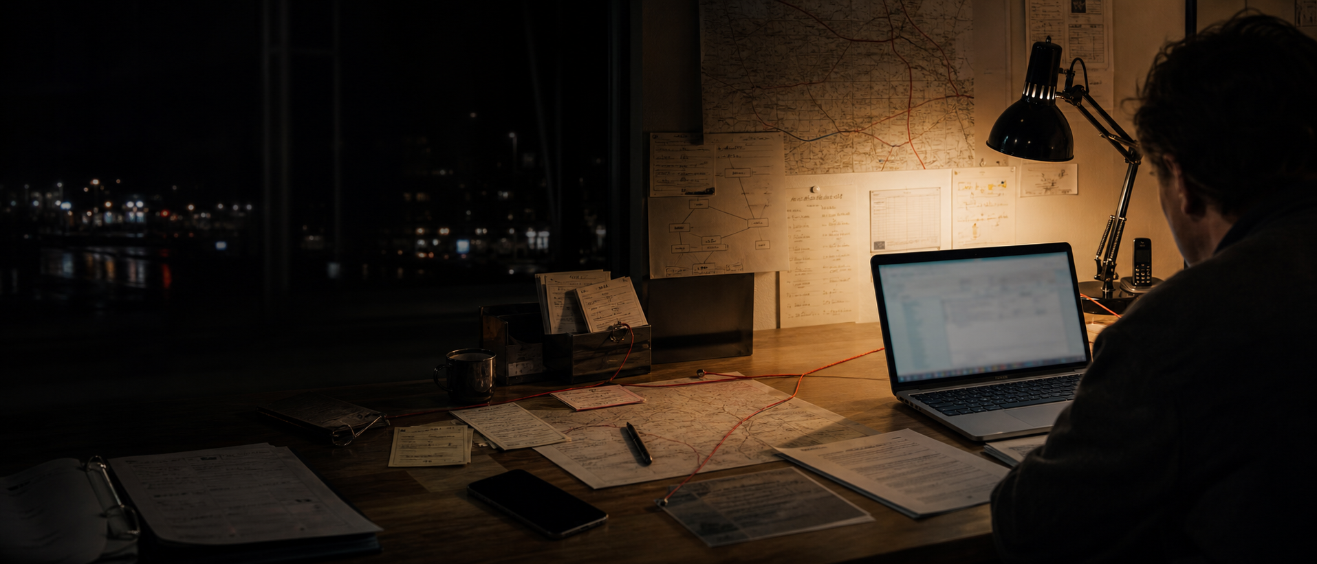 Un bureau d'opérations de nuit avec cartes papier, notes de processus, ordinateur, lampe et fil rouge reliant le travail.